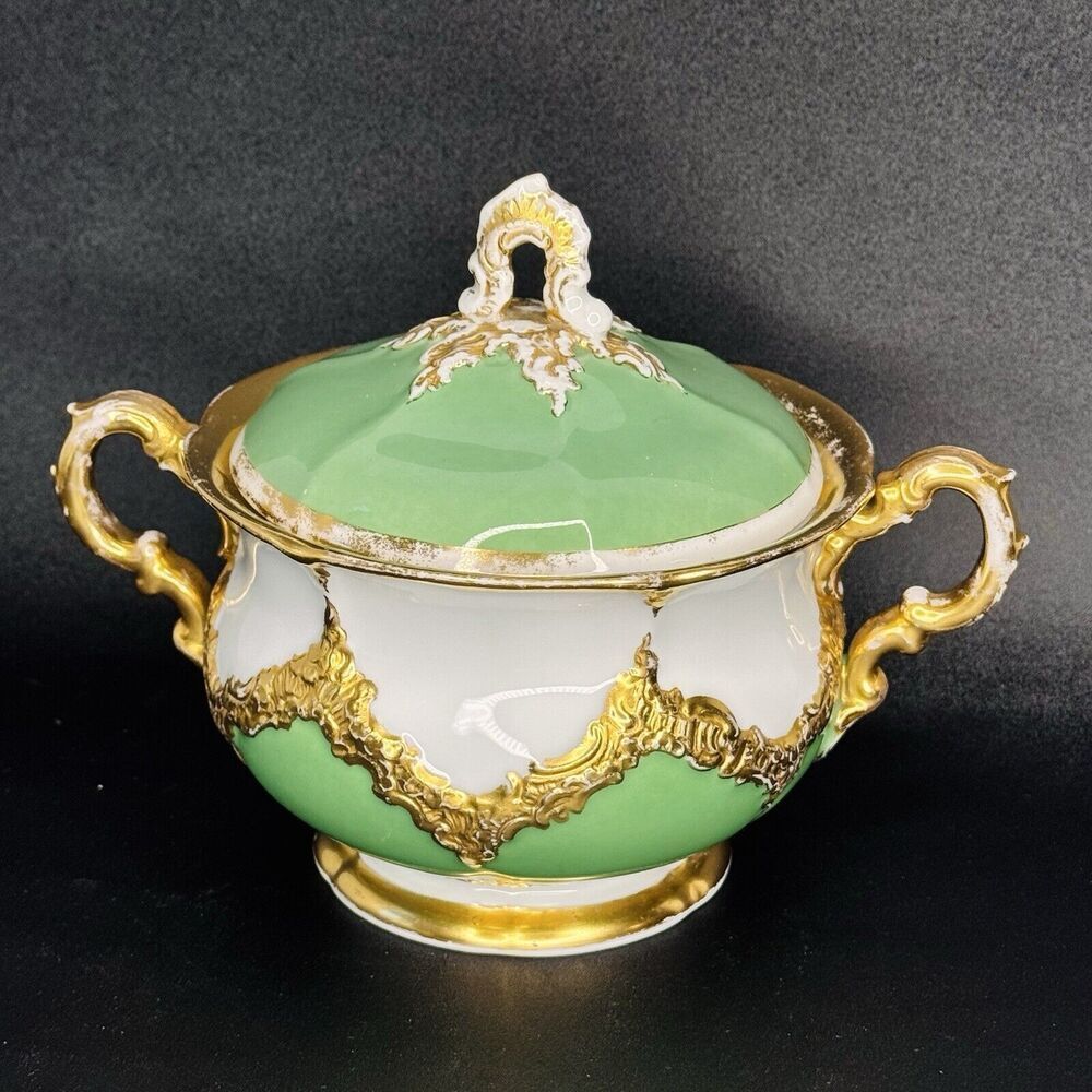 Antique Meissen Porcelain Gold Encrusted B Form Green Sugar Bowl & Lid  AS IS